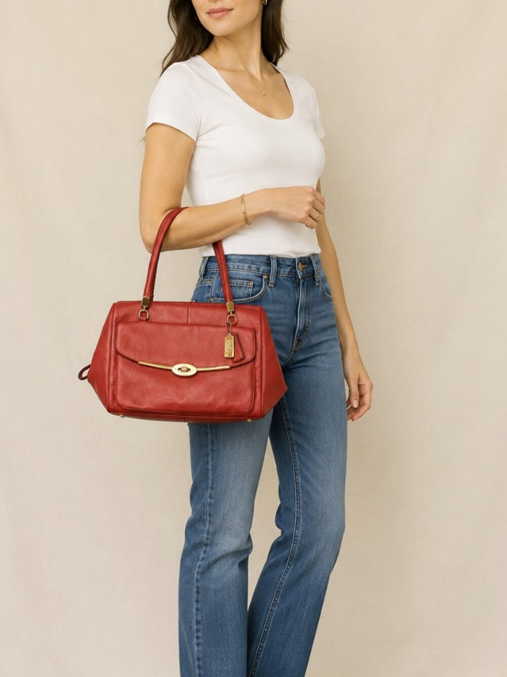 COACH Madison Madeline Leather Satchel Coral Red Vermillion Shoulder Bag 25166